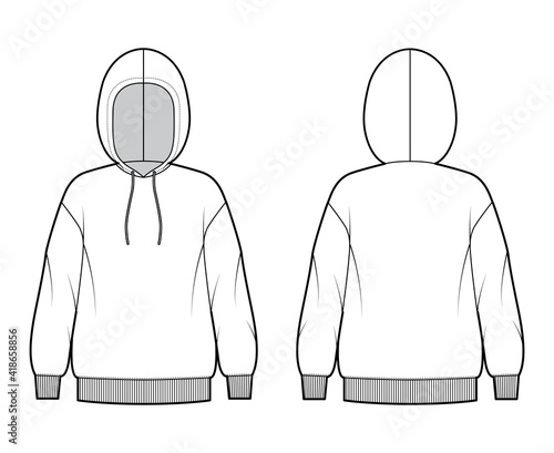 Hoody sweatshirt technical fashion illustration with long sleeves, oversized body, knit rib cuff, banded hem. Flat extra large apparel template front, back, white color. Women, men, unisex CAD mockup