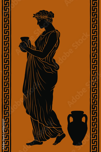 A young slender ancient Greek woman stands and holds a clay jug in her hands.