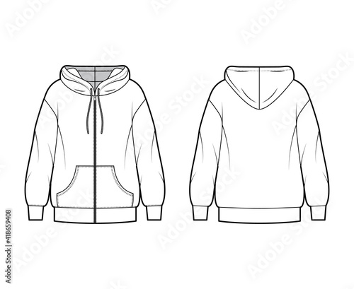 Zip-up Hoody sweatshirt technical fashion illustration with long sleeves, oversized body, kangaroo pouch, banded hem. Flat apparel template front, back, white color style. Women, men unisex CAD mockup