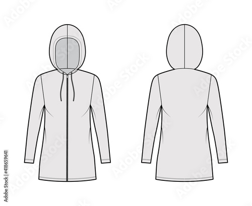 Zip-up Hoody dress technical fashion illustration with long sleeves, mini length, oversized body, Pencil fullness. Flat apparel template front, back, grey color style. Women, men, unisex CAD mockup