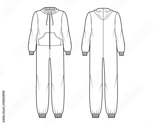 Onesie overall jumpsuit sleepwear technical fashion illustration with full length, oversized, hood, zipper closure, kangaroo pouch. Flat Dungaree front back, white color. Women, men unisex CAD mockup