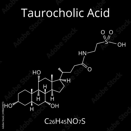 Taurocholic acid. Bile acid. Chemical molecular formula Taurocholic acid. Vector illustration on isolated background