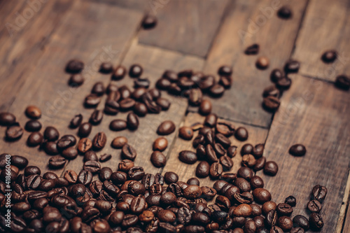 coffee beans scattered wood background morning aroma beverage preparation