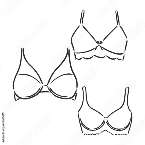 Hand Drawn Women's Bra Sketch Symbol isolated on white background. Vector lacy bra In Trendy Style. Woman's underwear hand drawing sketches elements