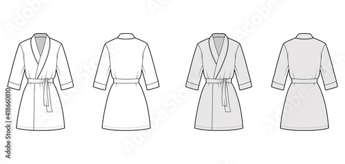 Bathrobe Dressing gown technical fashion illustration with wrap opening, mini length, oversized, tie, elbow sleeves. Flat apparel garment front back, white, grey color style. Women unisex CAD mockup
