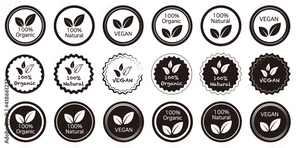 Set of natural product icons, green organic bio vector logo illustration. leaves and texts. Pure eco label stamp for products package and Design. エコラベル、グリーン、オーガニックロゴセット、グリーンラベル
