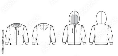 Set of Zip-up Hoody sweatshirt technical fashion illustration with elbow sleeves, relax body, knit rib cuff, banded hem. Flat apparel template front, back, white color. Women, men, unisex CAD mockup