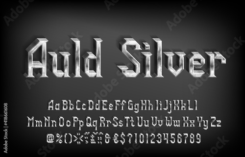 Auld Silver alphabet font. 3D damaged metal letters, numbers and punctuations. Uppercase and lowercase. Stock vector typescript for your design.