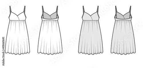 Babydoll dress Sleepwear Pajama technical fashion illustration with mini length, oversized, shoulder straps, trapeze silhouette. Flat front back, white, grey color style. Women, men unisex CAD mockup