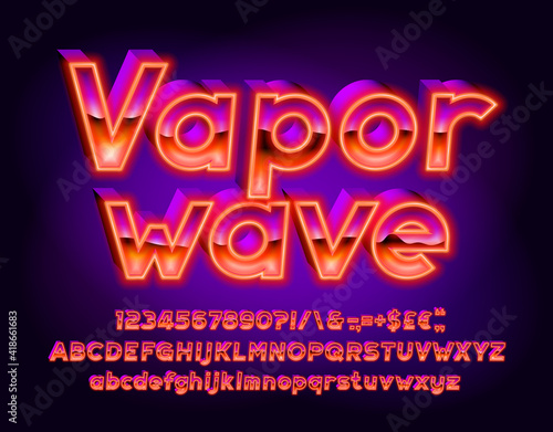 Vaporwave alphabet font. 3D effect letters, numbers and punctuations. Uppercase and lowercase. Retro-futuristic vector typescript for your typography design.