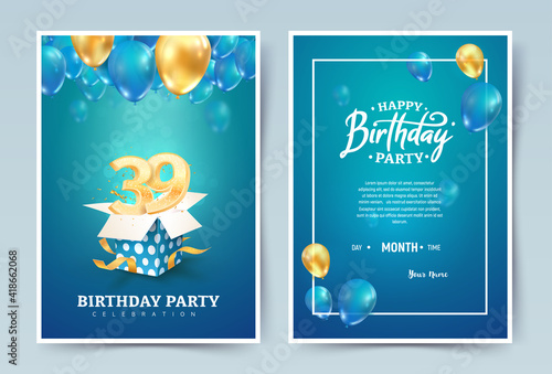39 th years birthday vector invitation double card. Thirty nine years anniversary celebration brochure. Template of invitational for print on blue background