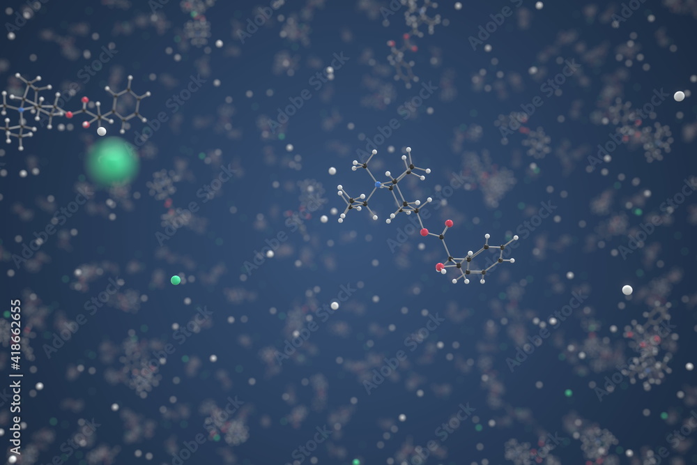 Ipratropium bromide molecule. Ball-and-stick molecular model. Chemistry related 3d rendering