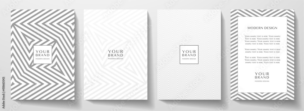 Modern cover, frame design set. Abstract creative line pattern (herringbone ornament) in monochrome black, white color. Formal vector layout for notebook cover, business background, brochure template