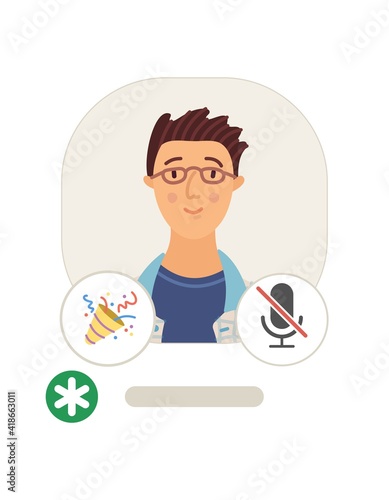 Man profile in Clubhouse mobile app flat vector illustration. Cartoon avatar with moderator and microphone icons isolated on white background. Voice message. Audio social network. Online conversation