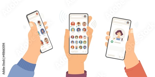Set of hands holding Clubhouse application on cell phones flat vector illustration isolated on white background. Room with speakers and listeners. Person profile. Women and men cartoon avatars