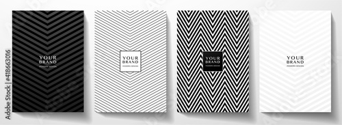 Modern cover, frame design set. Abstract creative line pattern (herringbone ornament) in monochrome black, white color. Formal vector layout for notebook cover, business background, brochure template