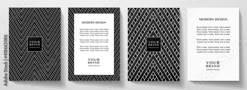 Modern cover, frame design set. Abstract creative line pattern (herringbone ornament) in monochrome black, white color. Formal vector layout for notebook cover, business background, brochure template