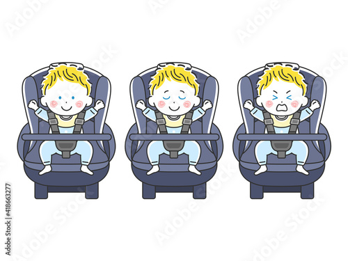 チャイルドシートに座る白人の赤ちゃんのイラストセット