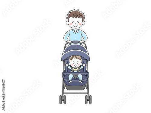 ベビーカーを押すお父さんのイラスト