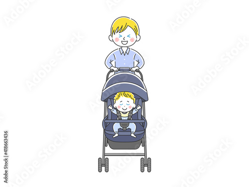 ベビーカーを押す白人のお父さんのイラスト