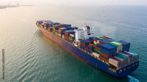 Aerial view container ship, Global business import export logistic transportation of international by container cargo ship in the open sea, Marine cargo vessel company freight shipping.