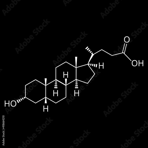 Lithocholic acid. Bile acid. Chemical molecular formula Lithocholic acid. Vector illustration on isolated background