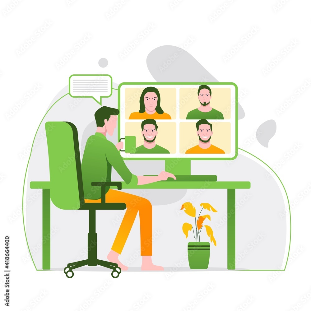 Video conference Illustration. People on computer screen taking with colleague. Videoconferencing and online meeting workspace vector page Video conference Illustration. People on computer screen taking with colleague. Videoconferencing and online meeting workspace vector page