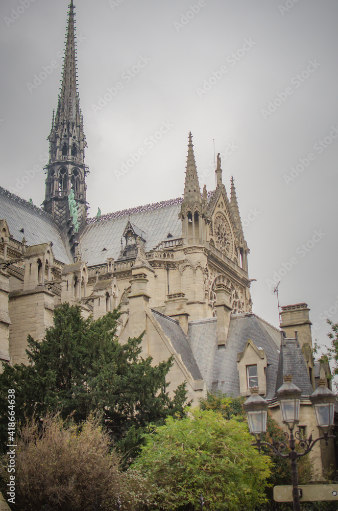 Details of Notre Dame de Paris Cathedral. Paris. France. Gargoyle mythical creature on the roof of Notre Dame de Paris Cathedral. Tower view.