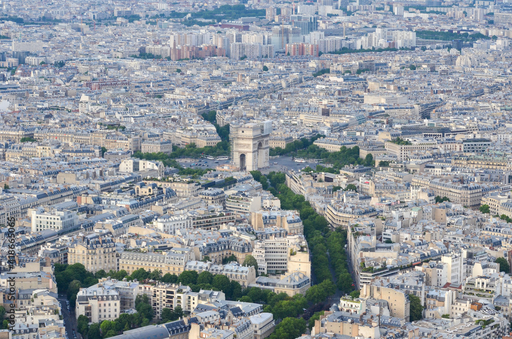 Aerial View from Paris, France. With its cinemas, cafes, luxury specialty stores and horse chestnut trees, Avenue des Champs-Élysées is one of the most famous streets in the world ad Sene River