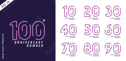 Anniversary and date numbers set modern numeral symbol design for 10-100 poster vector illustration