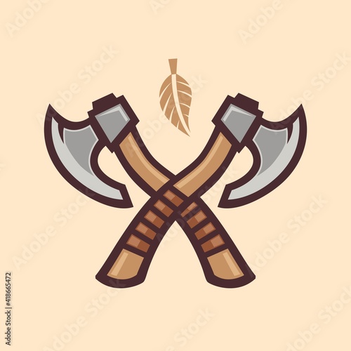 Crossed with brown leather handled axes. Vintage tactical viking axe vector image.