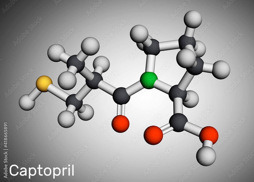 Obraz premium Captopril molecule. It is angiotensin-converting enzyme inhibitor, ACE inhibitor, used in the treatment of hypertension, high blood pressure. Molecular model. 3D rendering