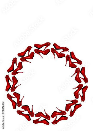 Frames on a white background A4, vertical - Dressed red shoes on the platform with a bow on a high thin heel.