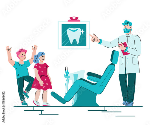 Children in the dentist office talking to the dentist, vector illustration isolated on white background. Dental clinic offering medical services for kids.