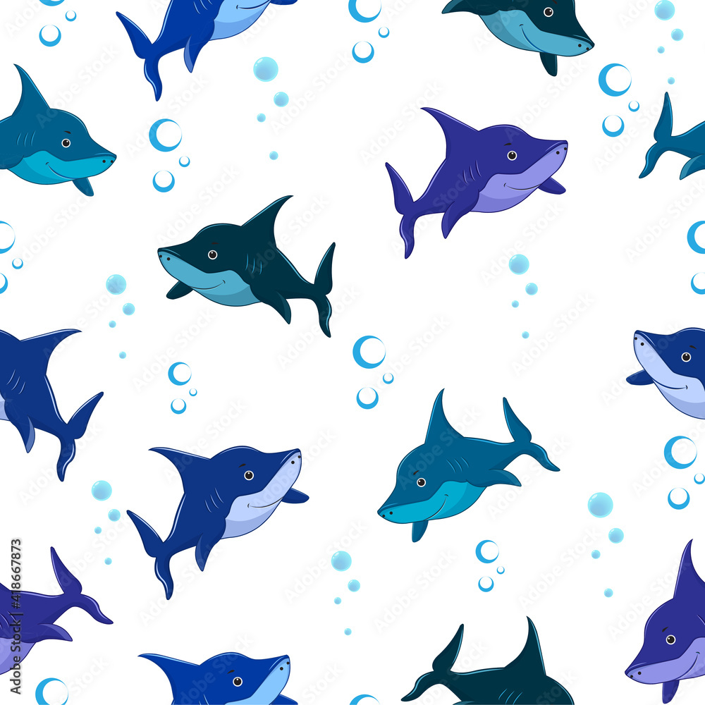 Seamless pattern cartoon shark on a white background. Sharks for toddlers, kids and families. Vector illustration Seamless pattern cartoon shark on a white background. Sharks for toddlers, kids and families. Vector illustration