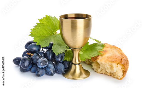 Canvas Print Chalice of wine and bread on white background