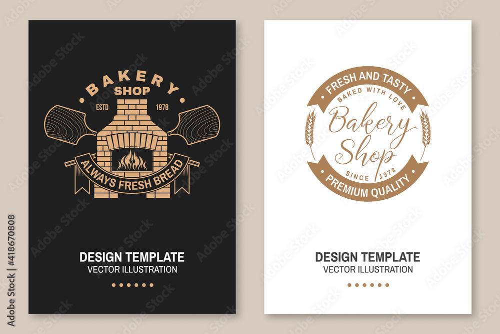 Handcrafted bakery shop flyer, brochure, banner, poster. Vector Typography design with old oven, wooden bread shovels silhouette. Template for bakery, restaurant identity objects, packaging and menu