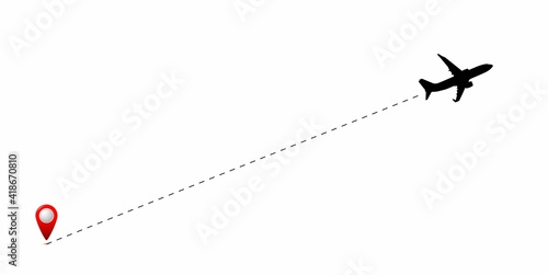The flight path of the aircraft from the point of departure is indicated by a dotted line. Vector illustration.