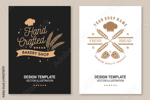 Hand crafted bread flyer, brochure, banner, poster. Vector. Typography design with dough, hop and chef hat silhouette. Template for bakery, restaurant identity objects, packaging and menu