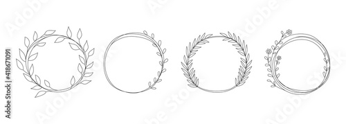 Doodle circles with leaves. Hand drawn frame element for text, floral decorative symbols. Vector isolated round borders set