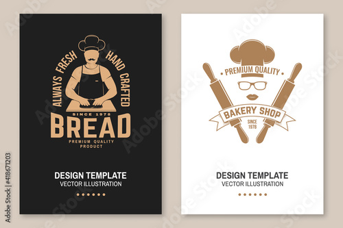 Fresh bread, bakery shop flyer, brochure, banner, poster. Vector. Typography design with man making dough silhouette. Template for bakery, restaurant identity objects, packaging and menu