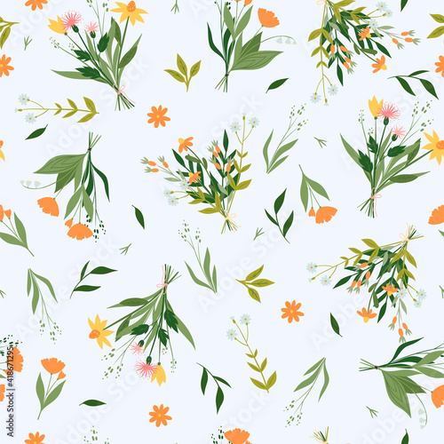 Seamless pattern with bouquets of wildflowers. Vector graphics.