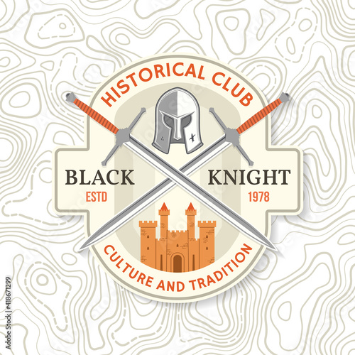 Black Knight historical club badge design. Vector illustration Concept for shirt, print, stamp, overlay or template. Vintage typography design with swords and castle silhouette.