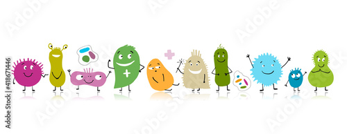Funny and scary bacteria characters isolated on white. Vector icons of gut and intestinal flora, germs, virus.