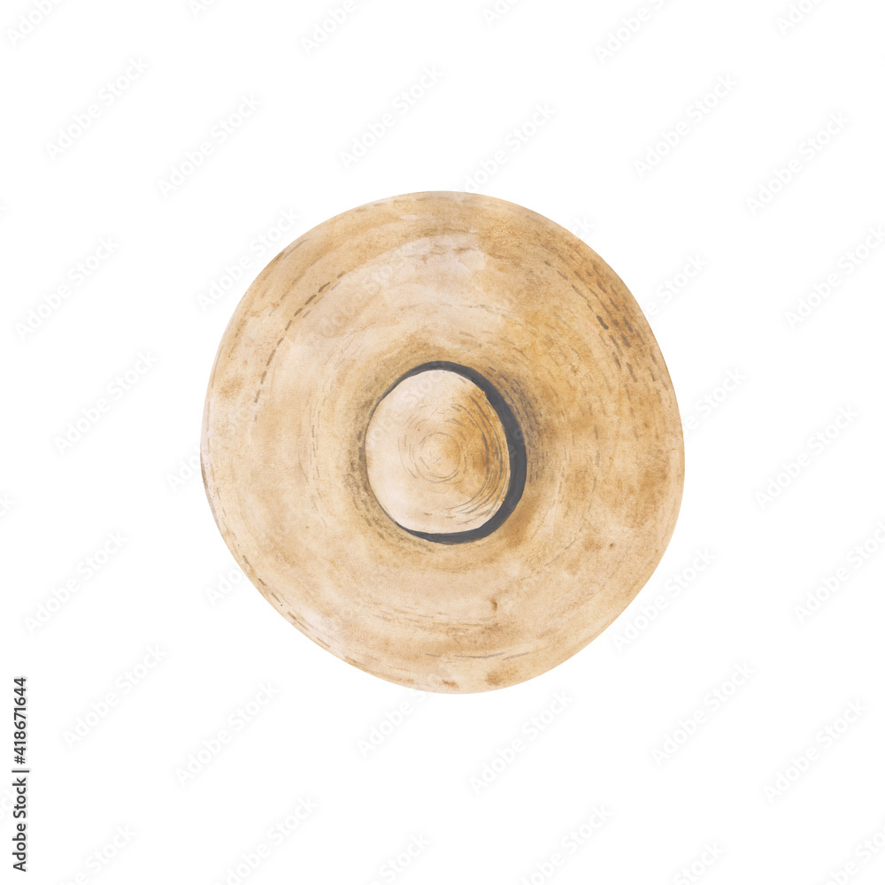 Watercolor hat isolated on a white background. Hand-drawn straw hat clipart for your design. Beach accessory. Round shape female hat for gardening or vacation. Cute travel object. Watercolor hat isolated on a white background. Hand-drawn straw hat clipart for your design. Beach accessory. Round shape female hat for gardening or vacation. Cute travel object.