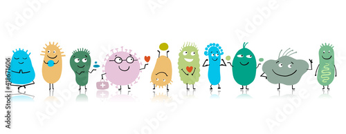 Funny and scary bacteria characters isolated on white. Vector icons of gut and intestinal flora, germs, virus.