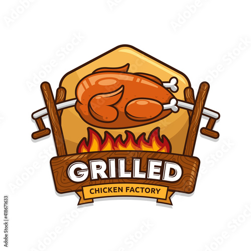 Vintage grilled chicken cartoon logo with editable text vector illustration