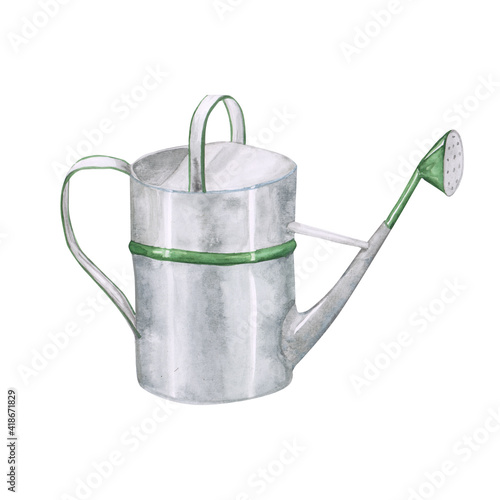 Watercolor watering can isolated on a white background. Hand-drawn garden tool for your design. Green and metalic gardening object. Farmhouse clipart.