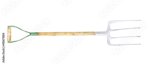 Watercolor pitchfork isolated on a white background. Hand-drawn garden tool for your design. Farmhouse object of raking. Illustration of the gardening instrument. photo