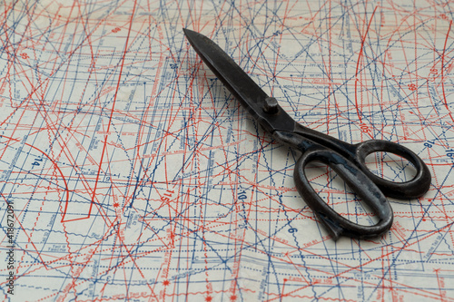 Obraz na plátně Old scissors, a base that is used for sewing a certain material
